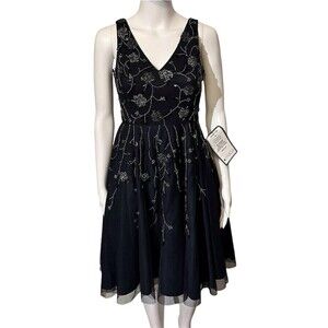 Adrianna Papell Womens Sleeveless Tea Length Floral Sequin Cocktail Dress New 4